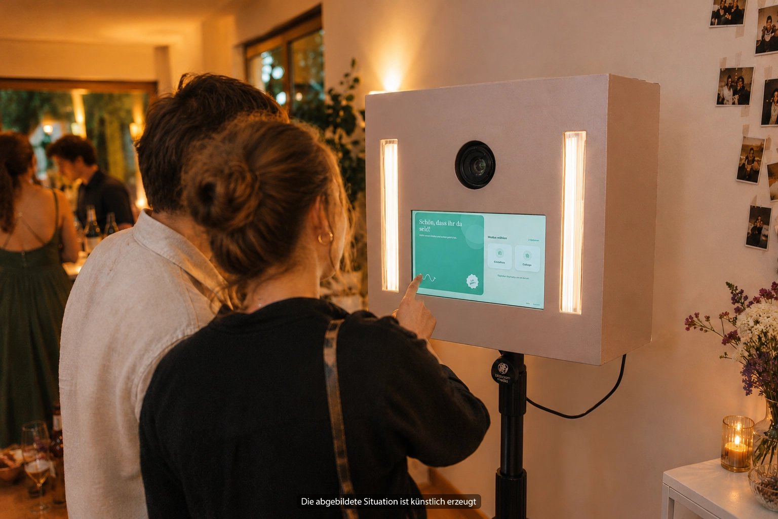 Symbolbild (KI-generiert): Zwei Gäste tippen auf den Startbildschirm der Fotobox, die mit leuchtenden LED-Leisten auf einem Stativ steht.